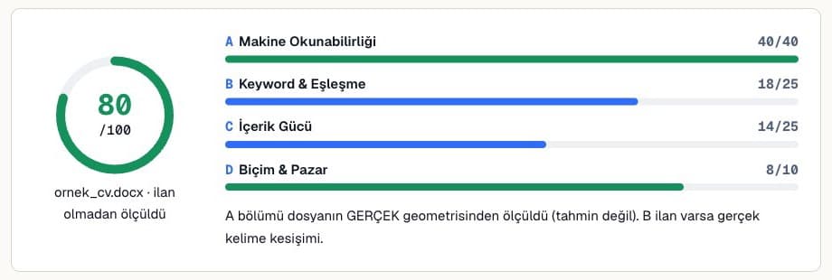 CVtoapply ATS puanı 80/100 — makine okunabilirliği, kelime eşleşmesi, içerik gücü, biçim
